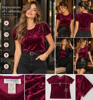 Impressions of California Crushed Velvet Top Small Burgundy Whimsigoth